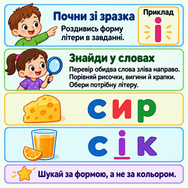 Навчальний приклад пошуку літери у словах. Угорі — зразок «і». Нижче — сир зі словом «сир» і склянка соку зі словом «сік». У слові «сік» підкреслено «і»: вона має рисочку й крапку, як зразок, хоча її колір інший. Порада: перевіряти обидва слова зліва направо й порівнювати форму літер, а не їхній колір. Почни зі зразка: Роздивись форму літери в завданні. Знайди у словах: Перевір обидва слова зліва направо. Порівняй рисочки, вигини й крапки. Обери потрібну літеру. Шукай за формою, а не за кольором. Приклад і с и р к