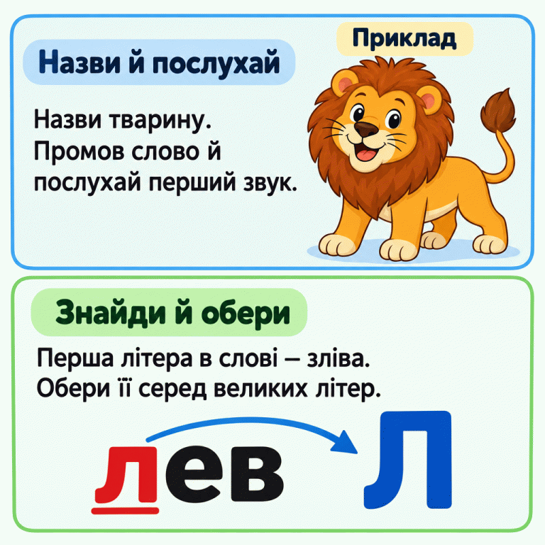 Навчальний приклад із левом. Назви тварину, промов слово й послухай перший звук. У слові «лев» підкреслено першу літеру «л», яка стоїть зліва. Стрілка показує відповідну велику літеру «Л». Назви й послухай: Назви тварину. Промов слово й послухай перший звук. Знайди й обери: Перша літера в слові — зліва. Обери її серед великих літер. Приклад лев Л