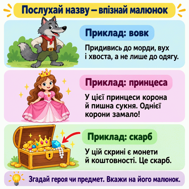 Картка пояснює, як упізнати названого героя або предмет. Три навчальні приклади: одягнений вовк із помітними мордою, вухами й хвостом; принцеса в короні та пишній сукні; відкрита скриня з монетами й коштовностями. Пояснення нагадують дивитися не лише на одяг чи одну деталь, а на весь образ. Послухай назву, згадай героя чи предмет і вкажи на його малюнок. Послухай назву — впізнай малюнок Приклад: вовк: Придивись до морди, вух і хвоста, а не лише до одягу. Приклад: принцеса: У цієї принцеси корона й пишна сукня. Однієї корони замало! Приклад: скарб: У цій скрині є монети й коштовності. Це скарб. Згадай героя чи предмет. Вкажи на його малюнок.