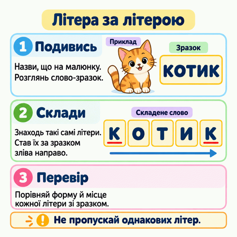 Навчальний приклад із котиком. Біля малюнка написано слово-зразок «котик», а нижче це саме слово складено з окремих літерних карток. Стрілка показує напрямок зліва направо. Перша й остання літери к підкреслені: потрібні обидві. Інструкції радять розглянути зразок, знайти такі самі літери, скласти їх у тому самому порядку й перевірити кожну. Літера за літерою Подивись: Назви, що на малюнку. Розглянь слово-зразок. Склади: Знаходь такі самі літери. Став їх за зразком зліва направо. Перевір: Порівняй форму й місце кожної літери зі зразком. Не пропускай однакових літер. Приклад Зразок Складене слово к о т и 1 2 3 !