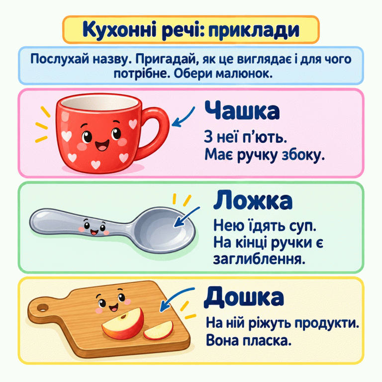 Картка вчить слухати назву, пригадувати вигляд і призначення кухонної речі та обирати її малюнок. Наведено три приклади: чашка з ручкою, з якої п’ють; ложка із заглибленням, якою їдять суп; пласка дошка, на якій ріжуть продукти. Кухонні речі: приклади Чашка: З неї п’ють. Має ручку збоку. Ложка: Нею їдять суп. На кінці ручки є заглиблення. Дошка: На ній ріжуть продукти. Вона пласка. Послухай назву. Пригадай, як це виглядає і для чого потрібне. Обери малюнок.