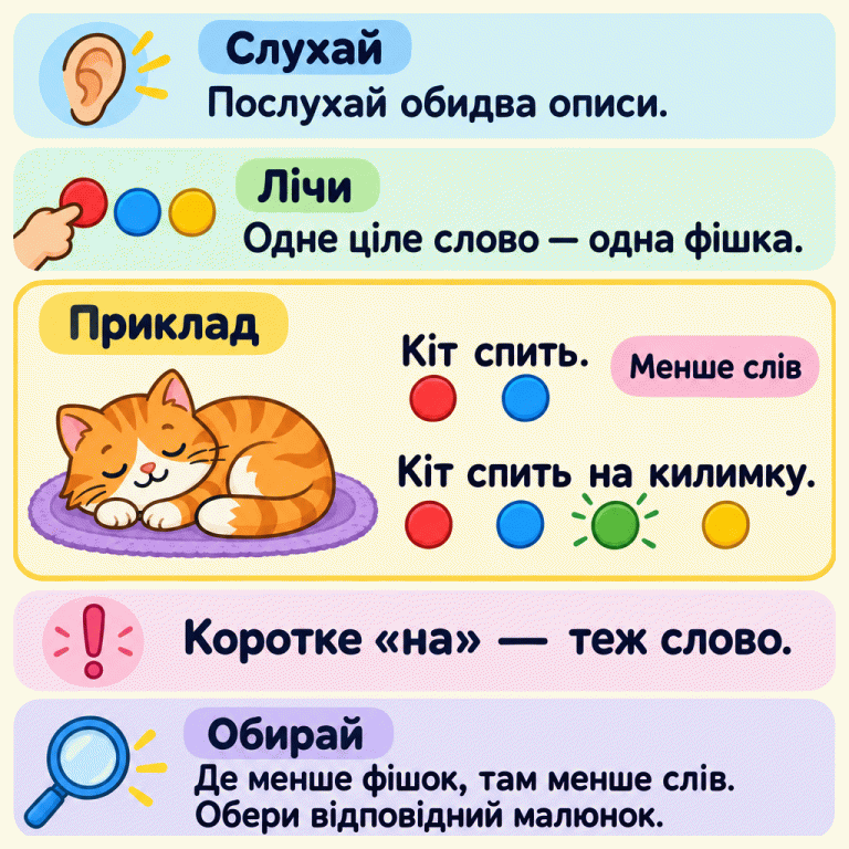 Картка вчить слухати обидва описи й рахувати цілі слова: одне слово — одна фішка. У навчальному прикладі кіт спить на килимку. Опис «Кіт спить.» має дві фішки, а «Кіт спить на килимку.» — чотири. Коротке «на» теж має свою фішку. У першому описі менше слів. У завданні треба обрати малюнок, в описі якого менше слів. Слухай: Послухай обидва описи. Лічи: Одне ціле слово — одна фішка. Обирай: Де менше фішок, там менше слів. Обери відповідний малюнок. Коротке «на» — теж слово. Приклад Кіт спить. Кіт спить на килимку. Менше слів !