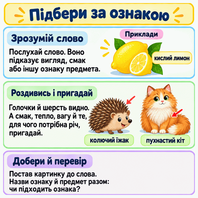 Картка пояснює, як підібрати картинку до слова-ознаки: послухати слово, роздивитися предмет і пригадати його властивості, а потім перевірити пару. Навчальні приклади: кислий лимон, колючий їжак із голочками та пухнастий кіт із густою м’якою шерстю. Підбери за ознакою Зрозумій слово: Послухай слово. Воно підказує вигляд, смак або іншу ознаку предмета. Роздивись і пригадай: Голочки й шерсть видно. А смак, тепло, вагу й те, для чого потрібна річ, пригадай. Добери й перевір: Постав картинку до слова. Назви ознаку й предмет разом: чи підходить ознака? Приклади кислий лимон колючий їжак пухнастий кіт