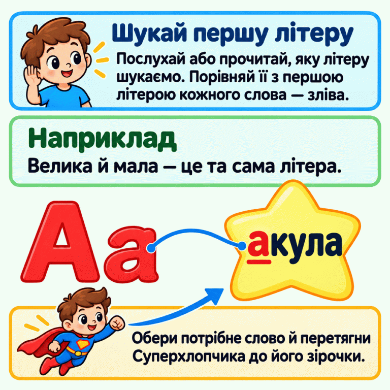 Картка пояснює, як знайти слово за першою літерою зліва. У навчальному прикладі велика А стоїть поруч із малою а. Лінія веде від малої а до підкресленої першої літери слова «акула» на зірочці. Кінцева а не виділена. Стрілка від Суперхлопчика до зірочки показує, куди його перетягнути після вибору слова. Шукай першу літеру: Послухай або прочитай, яку літеру шукаємо. Порівняй її з першою літерою кожного слова — зліва. Наприклад: Велика й мала — це та сама літера. Обери потрібне слово й перетягни Суперхлопчика до його зірочки. А а акула