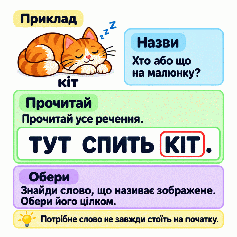 Навчальний приклад: кіт із підписом «кіт» і речення «ТУТ СПИТЬ КІТ.». У реченні обведено ціле слово «КІТ». Картка радить назвати зображене, прочитати все речення та обрати слово, що його називає. Потрібне слово не завжди стоїть на початку. Назви: Хто або що на малюнку? Прочитай: Прочитай усе речення. Обери: Знайди слово, що називає зображене. Обери його цілком. Потрібне слово не завжди стоїть на початку. Приклад кіт ТУТ СПИТЬ КІТ. Z z z