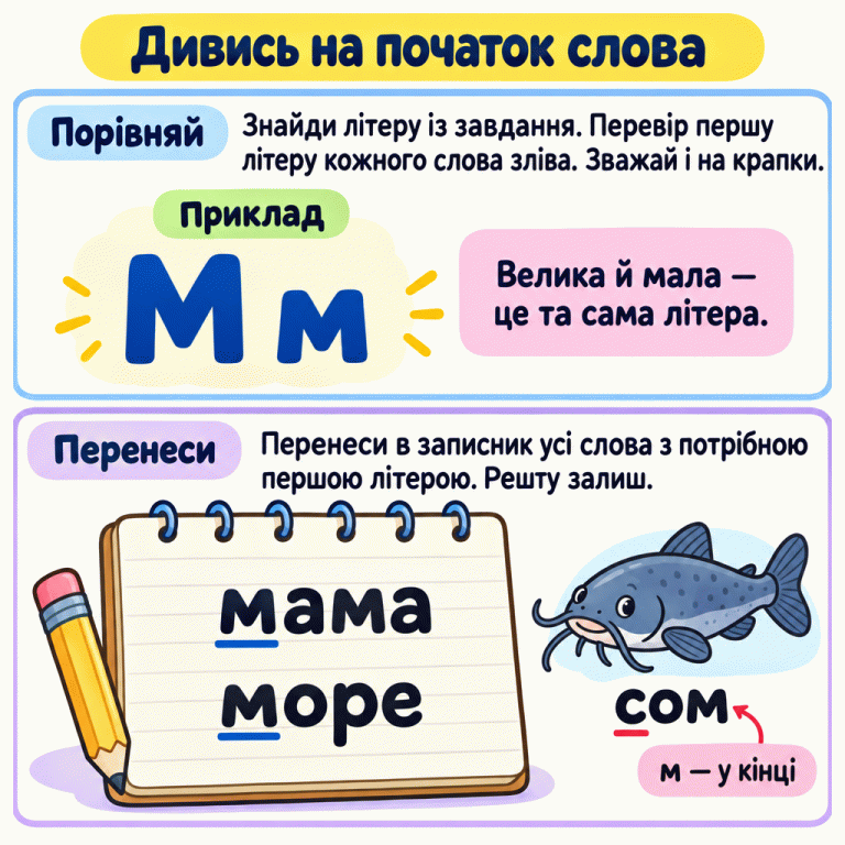 Щоб вибрати слова, перевіряй першу літеру зліва. У навчальному прикладі М і м — велика й мала форми тієї самої літери. У записнику слова «мама» та «море»: вони починаються з м. Слово «сом» залишилося зовні, бо починається з с, а м стоїть у кінці. Дивись на початок слова Порівняй: Знайди літеру із завдання. Перевір першу літеру кожного слова зліва. Зважай і на крапки. Перенеси: Перенеси в записник усі слова з потрібною першою літерою. Решту залиш. Велика й мала — це та сама літера. Приклад М м мама море сом м — у кінці