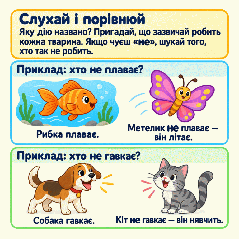 Картка пояснює, як відповідати на запитання про тварин зі словом «не»: визначити названу дію та порівняти її зі звичними діями кожної тварини. У прикладі про рух рибка плаває, а метелик не плаває — він літає. У прикладі про голос собака гавкає, а кіт не гавкає — він нявчить. Слухай і порівнюй: Яку дію названо? Пригадай, що зазвичай робить кожна тварина. Якщо чуєш «не», шукай того, хто так не робить. Приклад: хто не плаває?: Рибка плаває. Метелик не плаває — він літає. Приклад: хто не гавкає?: Собака гавкає. Кіт не гавкає — він нявчить.