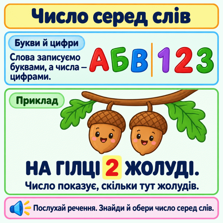 Картка пояснює: слова записуємо буквами, а числа — цифрами. У навчальному прикладі на гілці два жолуді. Під ними речення «НА ГІЛЦІ 2 ЖОЛУДІ.», де підсвічено цифру 2. Наприкінці запропоновано послухати своє речення та обрати число серед слів. Число серед слів Букви й цифри: Слова записуємо буквами, а числа — цифрами. Приклад: Число показує, скільки тут жолудів. Послухай речення. Знайди й обери число серед слів. НА ГІЛЦІ 2 ЖОЛУДІ. А Б В 1 2 3