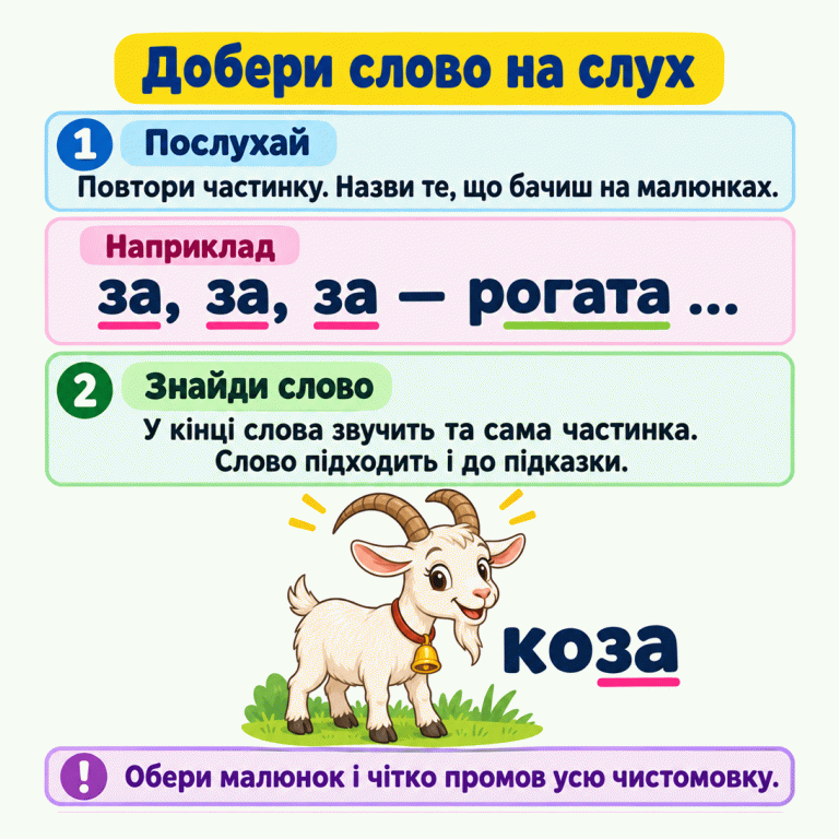 Картка пояснює, як продовжити чистомовку: повторити почуту частинку, знайти її в кінці назви зображеного та перевірити підказку. Навчальний приклад: «за, за, за — рогата …». Поруч намальована коза з рогами й написано «коза». Підкреслення показують спільну частинку «за». Наприкінці запропоновано обрати малюнок і чітко промовити всю чистомовку. Добери слово на слух Послухай: Повтори частинку. Назви те, що бачиш на малюнках. Знайди слово: У кінці слова звучить та сама частинка. Слово підходить і до підказки. Обери малюнок і чітко промов усю чистомовку. Наприклад за, за, за — рогата … коза 1 2 !