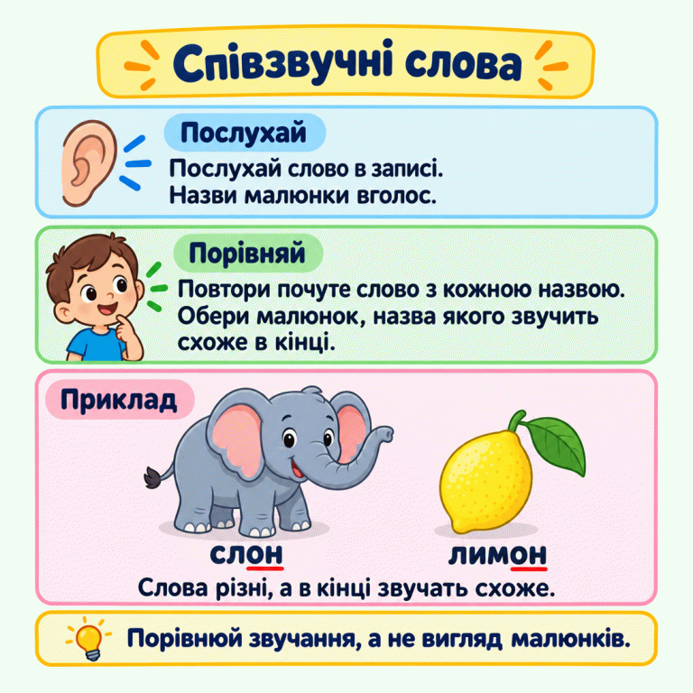 Картка пояснює: послухай слово, назви малюнки й порівняй звучання кінців слів. У навчальному прикладі зображені слон і лимон з відповідними підписами. В обох словах підкреслено «он». Предмети різні, але кінці їхніх назв звучать схоже. Співзвучні слова Послухай: Послухай слово в записі. Назви малюнки вголос. Порівняй: Повтори почуте слово з кожною назвою. Обери малюнок, назва якого звучить схоже в кінці. Приклад: Слова різні, а в кінці звучать схоже. Порівнюй звучання, а не вигляд малюнків. слон лимон
