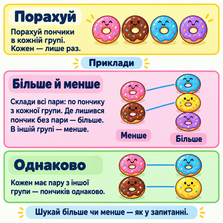 Навчальні приклади порівняння пончиків. Спочатку порахуй кожен пончик лише раз. У першому прикладі в одній групі два пончики, в іншій — три. Утворюються дві пари, і один пончик залишається без пари: у цій групі більше, а в іншій — менше. У другому прикладі в обох групах по два пончики. Кожен має пару, тому пончиків однаково. Обирай більшу чи меншу групу відповідно до запитання. Порахуй: Порахуй пончики в кожній групі. Кожен — лише раз. Більше й менше: Склади всі пари: по пончику з кожної групи. Де лишився пончик без пари — більше. В іншій групі — менше. Однаково: Кожен має пару з іншої групи — пончиків однаково. Шукай більше чи менше — як у запитанні. Приклади Менше Більше