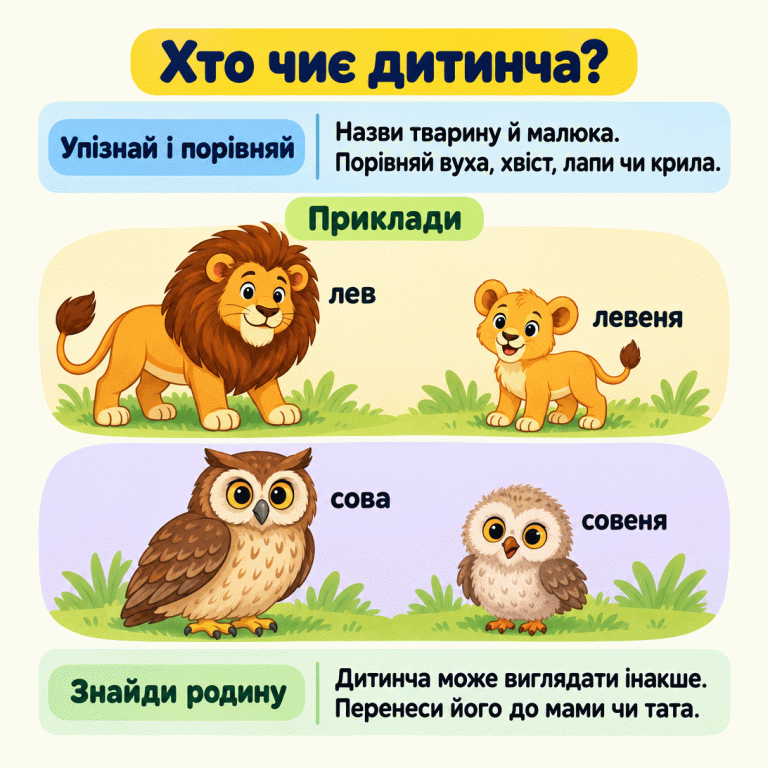 Дві навчальні пари: лев із левеням і сова із совеням. У лева є грива, а в левеняти її ще немає. Сова й пухове совеня мають дзьоби та крила. Назви тварину й малюка, порівняй їхні ознаки та перенеси дитинча до його мами чи тата. Малюк може виглядати інакше, ніж доросла тварина. Хто чиє дитинча? Упізнай і порівняй: Назви тварину й малюка. Порівняй вуха, хвіст, лапи чи крила. Знайди родину: Дитинча може виглядати інакше. Перенеси його до мами чи тата. Приклади лев левеня сова совеня