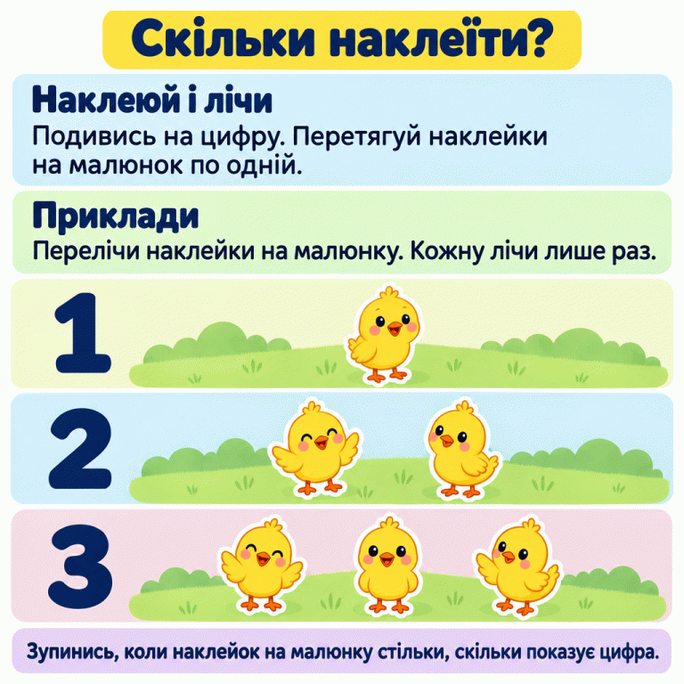 Картка пояснює: подивись на цифру, перетягуй наклейки на малюнок по одній і лічи кожну лише раз. У трьох окремих прикладах біля цифри 1 одне курча, біля цифри 2 — два, біля цифри 3 — три. Зупинись, коли кількість наклейок на малюнку відповідає цифрі. Скільки наклеїти? Наклеюй і лічи: Подивись на цифру. Перетягуй наклейки на малюнок по одній. Приклади: Перелічи наклейки на малюнку. Кожну лічи лише раз. Зупинись, коли наклейок на малюнку стільки, скільки показує цифра. 1 2 3
