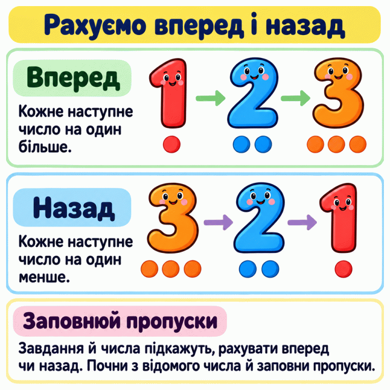 Два ряди для лічби. Вперед: 1, 2, 3 — кожне наступне число на один більше. Назад: 3, 2, 1 — кожне наступне число на один менше. Під кожною цифрою відповідна кількість крапок. Завершальна підказка радить визначити напрям за завданням і числами, почати з відомого числа та заповнити пропуски. Рахуємо вперед і назад Вперед: Кожне наступне число на один більше. Назад: Кожне наступне число на один менше. Заповнюй пропуски: Завдання й числа підкажуть, рахувати вперед чи назад. Почни з відомого числа й заповни пропуски. 1 2 3