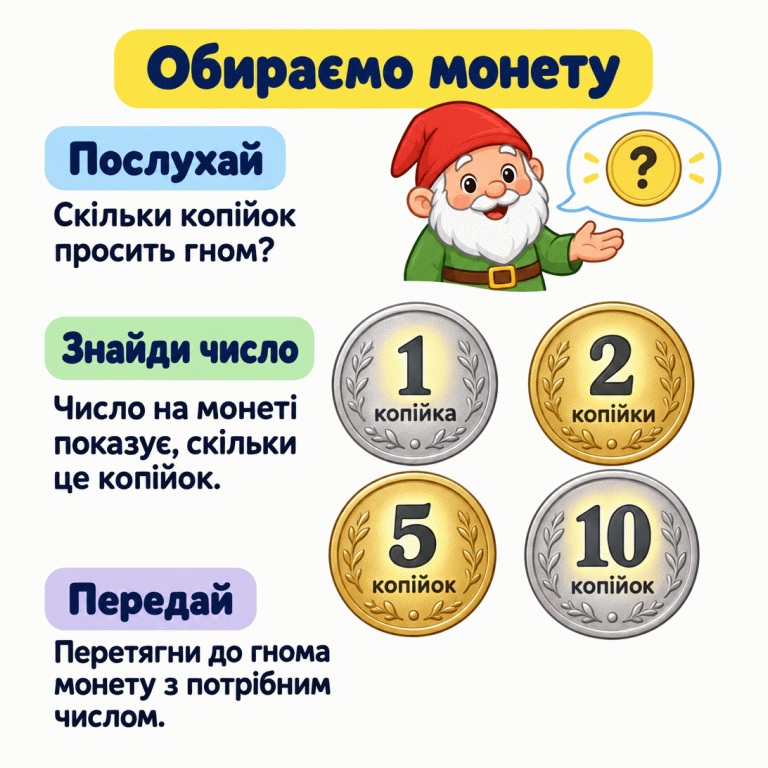 Пам'ятка про вибір монети. Послухай, скільки копійок просить гном. На чотирьох монетах написано: 1 копійка, 2 копійки, 5 копійок і 10 копійок. Число показує, скільки це копійок. Перетягни до гнома монету з потрібним числом. Обираємо монету Послухай: Скільки копійок просить гном? Знайди число: Число на монеті показує, скільки це копійок. Передай: Перетягни до гнома монету з потрібним числом. 1 2 5 10 копійка копійки копійок ?