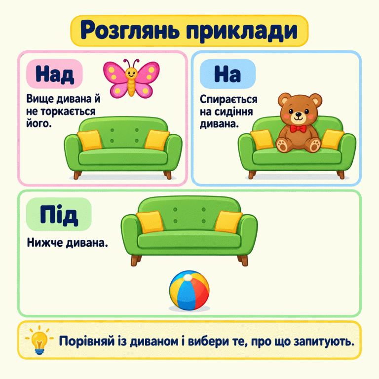 Три навчальні приклади розташування відносно дивана. Над: метелик вище всього дивана й не торкається його. На: ведмедик сидить, спираючись на сидіння. Під: цілий м’яч нижче всіх ніжок дивана, з добре помітним проміжком. Нагадування: порівняй із диваном і вибери те, про що запитують. Розглянь приклади Над: Вище дивана й не торкається його. На: Спирається на сидіння дивана. Під: Нижче дивана. Порівняй із диваном і вибери те, про що запитують.