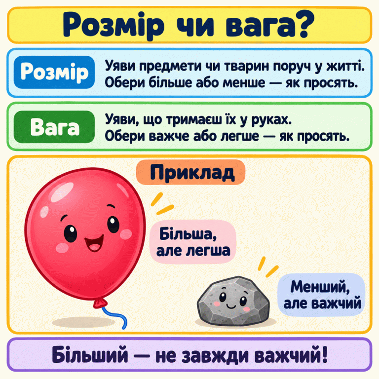 Картка пояснює, як порівнювати розмір і вагу за запитанням. Для розміру уявляємо предмети або тварин поруч у житті, для ваги — ніби тримаємо їх у руках. Навчальний приклад: повітряна кулька більша, але легша за камінець; камінець менший, але важчий. Більший — не завжди важчий. Розмір чи вага? Розмір: Уяви предмети чи тварин поруч у житті. Обери більше або менше — як просять. Вага: Уяви, що тримаєш їх у руках. Обери важче або легше — як просять. Більший — не завжди важчий! Приклад Більша, але легша Менший, але важчий