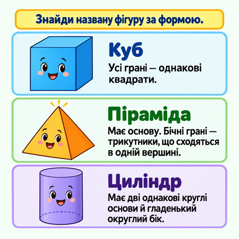 Три об’ємні фігури з поясненнями. У куба всі грані — однакові квадрати. У піраміди є основа, а трикутні бічні грані сходяться в одній вершині. У циліндра дві однакові круглі основи й гладенький округлий бік. Потрібну фігуру знаходять за формою. Куб: Усі грані — однакові квадрати. Піраміда: Має основу. Бічні грані — трикутники, що сходяться в одній вершині. Циліндр: Має дві однакові круглі основи й гладенький округлий бік. Знайди названу фігуру за формою.