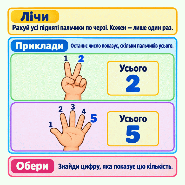 Два навчальні приклади лічби пальців. На першій руці піднято два пальці, а три зігнуто. Біля піднятих пальців стоять цифри 1 і 2, поруч написано «Усього» та цифру 2. На другій руці розігнуто всі п’ять пальців. Біля них стоять цифри від 1 до 5, поруч написано «Усього» та цифру 5. Рахуємо кожен піднятий палець лише один раз. Останнє число показує кількість, за якою обираємо цифру. Лічи: Рахуй усі підняті пальчики по черзі. Кожен — лише один раз. Приклади: Останнє число показує, скільки пальчиків усього. Обери: Знайди цифру, яка показує цю кількість. 1 2 3 4 5 Усього