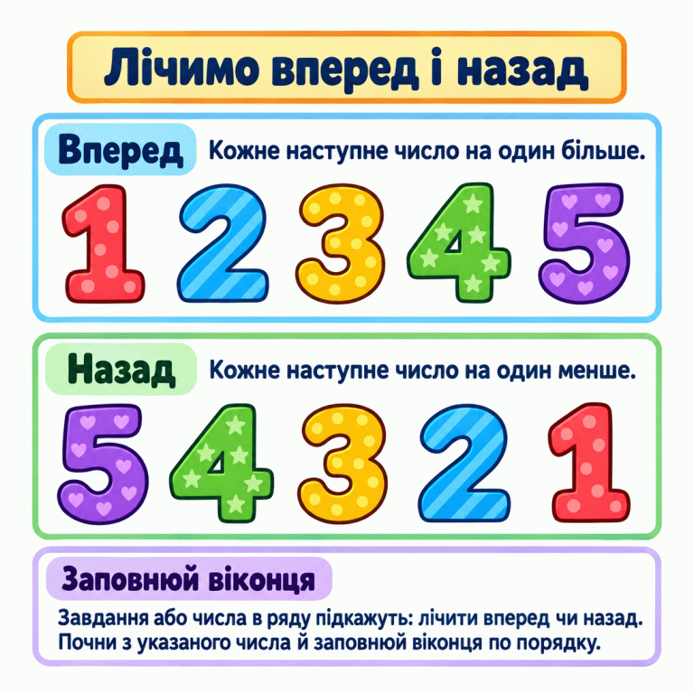 Лічимо вперед і назад. Верхній ряд: 1, 2, 3, 4, 5 — кожне наступне число на один більше. Нижній ряд: 5, 4, 3, 2, 1 — кожне наступне число на один менше. Завдання або числа в ряду підкажуть, як лічити. Почни з указаного числа й заповнюй порожні віконця по порядку. Лічимо вперед і назад Вперед: Кожне наступне число на один більше. Назад: Кожне наступне число на один менше. Заповнюй віконця: Завдання або числа в ряду підкажуть: лічити вперед чи назад. Почни з указаного числа й заповнюй віконця по порядку. 1 2 3 4 5