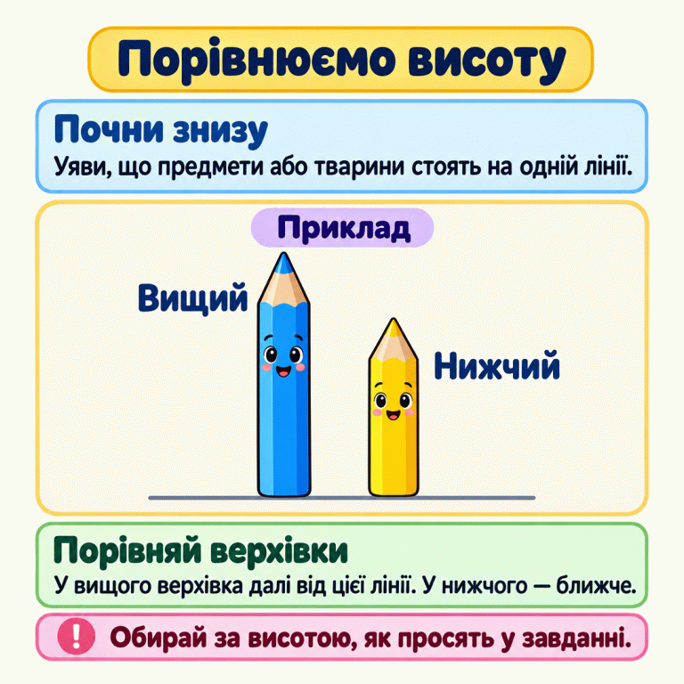 Приклад порівняння висоти: два усміхнені олівці стоять нижніми краями на одній лінії. Олівець із підписом «Вищий» сягає далі вгору, а олівець із підписом «Нижчий» — менше. Так само можна порівнювати висоту інших предметів і тварин. Порівнюємо висоту Почни знизу: Уяви, що предмети або тварини стоять на одній лінії. Порівняй верхівки: У вищого верхівка далі від цієї лінії. У нижчого — ближче. Обирай за висотою, як просять у завданні. Приклад Вищий Нижчий !