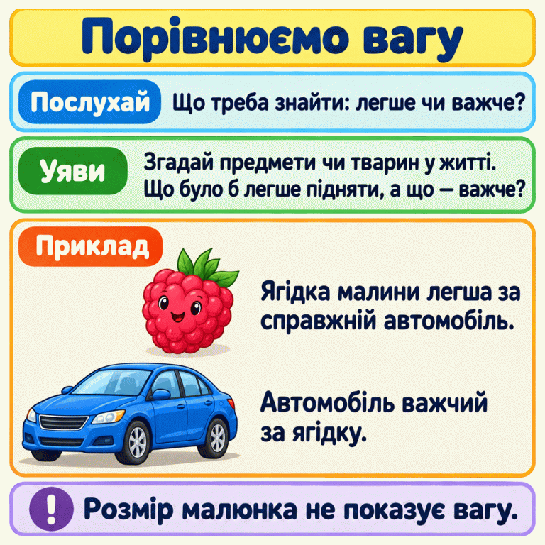 Картка пояснює, як порівнювати вагу: з’ясувати, чи шукаємо легше або важче, та уявити предмети чи тварин у житті. Навчальний приклад показує, що ягідка малини легша за справжній автомобіль, а автомобіль важчий за ягідку. Нагадування: розмір малюнка не показує вагу. Порівнюємо вагу Послухай: Що треба знайти: легше чи важче? Уяви: Згадай предмети чи тварин у житті. Що було б легше підняти, а що — важче? Приклад: Ягідка малини легша за справжній автомобіль. Автомобіль важчий за ягідку. Розмір малюнка не показує вагу. !