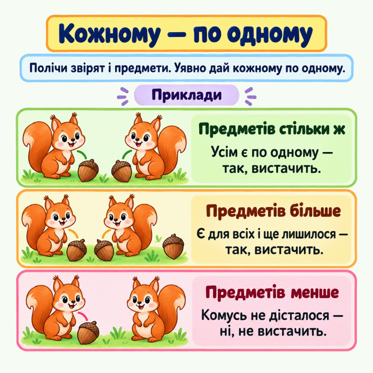 Три навчальні приклади показують, як перевірити, чи вистачить кожному по одному. Дві білочки мають два горішки: кожній є по одному, вистачить. Дві білочки мають три горішки: кожній є по одному й один залишився, теж вистачить. Дві білочки мають один горішок: одній не дісталося, не вистачить. Полічи звірят і предмети та уявно утвори пари. Кожному — по одному Предметів стільки ж: Усім є по одному — так, вистачить. Предметів більше: Є для всіх і ще лишилося — так, вистачить. Предметів менше: Комусь не дісталося — ні, не вистачить. Полічи звірят і предмети. Уявно дай кожному по одному. Приклади