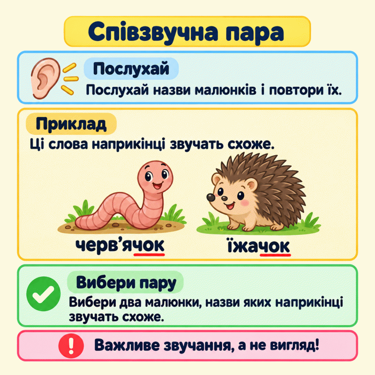 Картка пояснює: послухай назви малюнків, повтори їх і вибери два малюнки, назви яких наприкінці звучать схоже. Навчальний приклад — черв’ячок та їжачок. Біля кожного є його назва, а кінцеві літери «чок» підкреслено. Важливе звучання слів, а не вигляд малюнків. Співзвучна пара Послухай: Послухай назви малюнків і повтори їх. Приклад: Ці слова наприкінці звучать схоже. Вибери пару: Вибери два малюнки, назви яких наприкінці звучать схоже. Важливе звучання, а не вигляд! черв’ячок їжачок ✓ !
