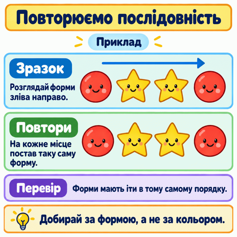 Навчальний приклад повторення послідовності. У зразку зліва направо розташовані кругла фігура, зірка, зірка, кругла фігура. Нижче ці форми повторено в тому самому порядку. Поради пояснюють, як розглядати ряд зліва направо, добирати форму на кожне місце й перевіряти порядок, не орієнтуючись на колір. Повторюємо послідовність Зразок: Розглядай форми зліва направо. Повтори: На кожне місце постав таку саму форму. Перевір: Форми мають іти в тому самому порядку. Добирай за формою, а не за кольором. Приклад