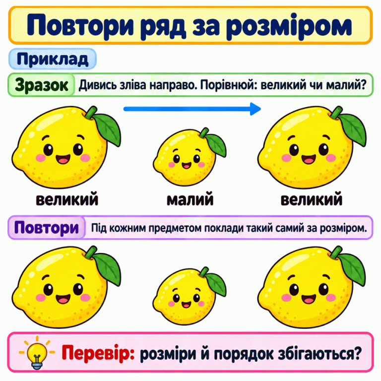 Навчальний приклад із лимонами. У верхньому ряду зліва направо стоять великий, малий і великий лимони. Нижній ряд повторює ті самі розміри в тому самому порядку. Під кожним лимоном зразка розташований лимон такого самого розміру. Повтори ряд за розміром Зразок: Дивись зліва направо. Порівнюй: великий чи малий? Повтори: Під кожним предметом поклади такий самий за розміром. Перевір: розміри й порядок збігаються? Приклад великий малий