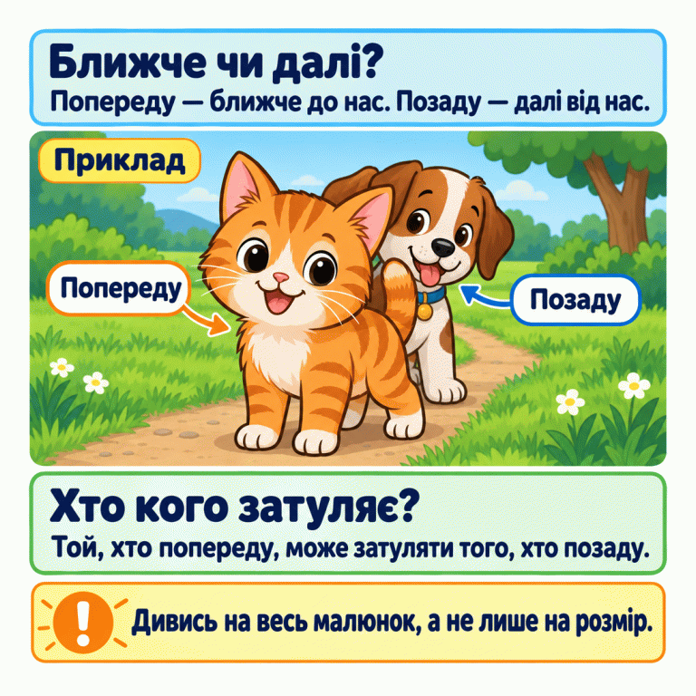 Навчальний приклад: кошеня ближче до нас, попереду, і затуляє частину цуценяти. Цуценя далі від нас, позаду. Підписи позначають обидва положення. Картка нагадує розглядати весь малюнок і не визначати положення лише за розміром. Ближче чи далі?: Попереду — ближче до нас. Позаду — далі від нас. Хто кого затуляє?: Той, хто попереду, може затуляти того, хто позаду. Дивись на весь малюнок, а не лише на розмір. Приклад Попереду Позаду !