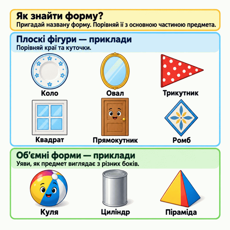 Навчальна картка пояснює, як знаходити названу форму в основній частині предмета. Плоскі фігури показані на прикладах круглої тарілки, овального дзеркала, трикутного прапорця, квадратного віконця, прямокутних дверей і ромбоподібної плитки. Об’ємні форми показані на прикладах м’яча-кулі, банки-циліндра та іграшкової піраміди з видимими трикутними гранями. Як знайти форму?: Пригадай названу форму. Порівняй її з основною частиною предмета. Плоскі фігури — приклади: Порівняй краї та куточки. Об’ємні форми — приклади: Уяви, як предмет виглядає з різних боків. Коло Овал Трикутник Квадрат Прямокутник Ромб Куля Циліндр Піраміда