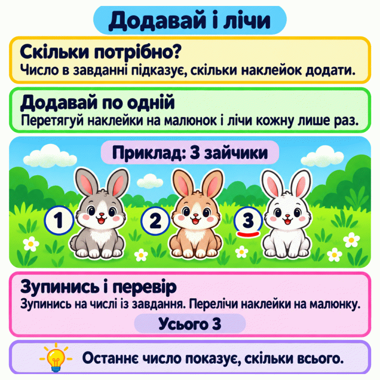 Картка пояснює: дізнайся потрібну кількість із завдання, перетягуй наклейки по одній і рахуй кожну лише раз. У навчальному прикладі потрібно три зайчики. На малюнку три зайчики, біля них числа 1, 2, 3; підсумок — «Усього 3». Зупинись на заданому числі й перелічи наклейки на малюнку. Останнє число показує, скільки їх усього. Додавай і лічи Скільки потрібно?: Число в завданні підказує, скільки наклейок додати. Додавай по одній: Перетягуй наклейки на малюнок і лічи кожну лише раз. Зупинись і перевір: Зупинись на числі із завдання. Перелічи наклейки на малюнку. Останнє число показує, скільки всього. Приклад: 3 зайчики 1 2 3 Усього 3