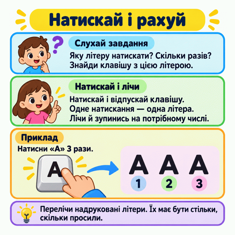 Картка пояснює, як лічити натискання клавіші: дізнайся потрібну літеру й кількість, натискай та відпускай клавішу, лічачи кожне натискання. У навчальному прикладі клавішу «А» натискають три рази. Показано три надруковані літери «А», під якими стоять числа 1, 2, 3. Після потрібної кількості слід зупинитися й перелічити літери. Натискай і рахуй Слухай завдання: Яку літеру натискати? Скільки разів? Знайди клавішу з цією літерою. Натискай і лічи: Натискай і відпускай клавішу. Одне натискання — одна літера. Лічи й зупинись на потрібному числі. Приклад: Натисни «А» 3 рази. Перелічи надруковані літери. Їх має бути стільки, скільки просили. А 1 2 3 ?