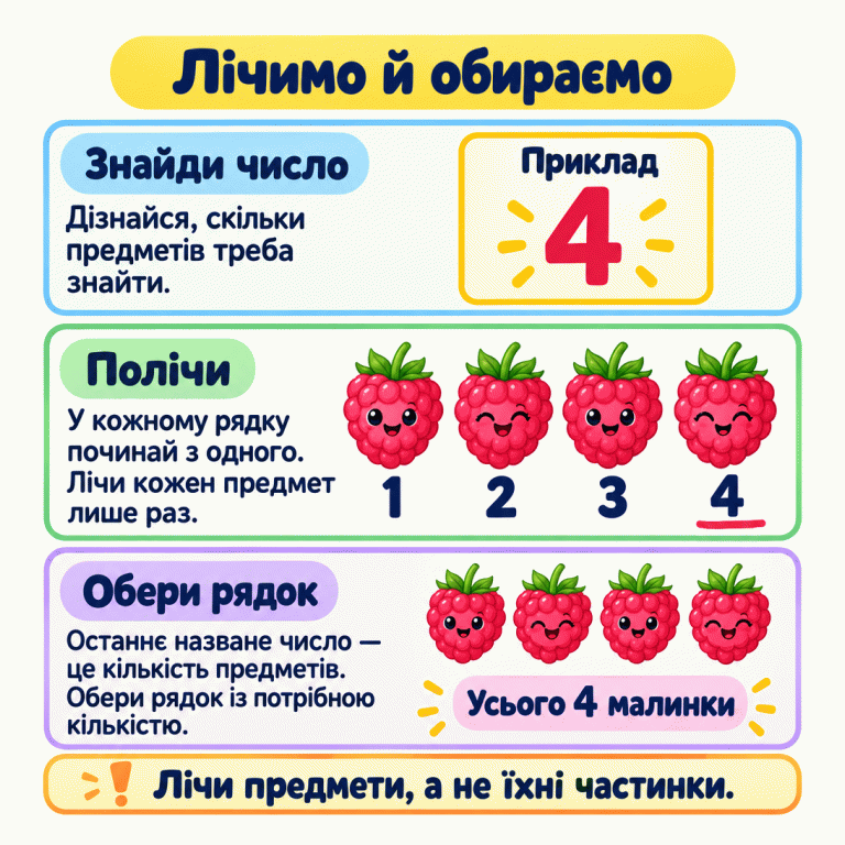 Картка пояснює, як знайти рядок із потрібною кількістю предметів. Спочатку дізнайся потрібне число. Кожен рядок лічи з одного, враховуючи кожен предмет лише раз. У навчальному прикладі потрібне число — 4: під чотирма малинками стоять числа 1, 2, 3, 4. Останнє число показує, що всього чотири малинки. Обирай рядок, де кількість відповідає числу із завдання. Лічи предмети, а не їхні частинки. Лічимо й обираємо Знайди число: Дізнайся, скільки предметів треба знайти. Полічи: У кожному рядку починай з одного. Лічи кожен предмет лише раз. Обери рядок: Останнє назване число — це кількість предметів. Обери рядок із потрібною кількістю. Лічи предмети, а не їхні частинки. Приклад 1 2 3 4 Усього 4 малинки !