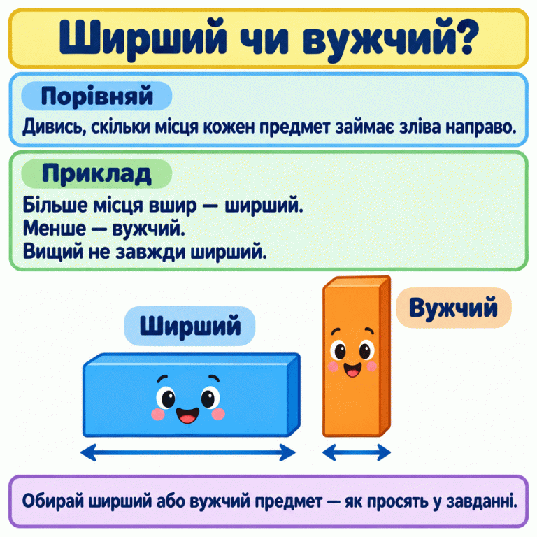 Навчальний приклад із двома усміхненими брусочками. Невисокий брусочок підписано «Ширший», а високий — «Вужчий». Горизонтальні стрілки показують ширину кожного від лівого краю до правого. Вищий предмет не завжди ширший. Обирати потрібно за тим, що запитано: ширший чи вужчий. Ширший чи вужчий? Порівняй: Дивись, скільки місця кожен предмет займає зліва направо. Приклад: Більше місця вшир — ширший. Менше — вужчий. Вищий не завжди ширший. Обирай ширший або вужчий предмет — як просять у завданні. Ширший Вужчий