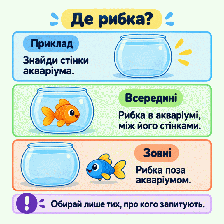 Два навчальні приклади. У першому рибка повністю всередині прозорого акваріума, між його стінками. У другому рибка зовні: вона відокремлена від акваріума видимим проміжком. Підписи пояснюють обидва розташування та нагадують обирати тих, про кого запитують. Де рибка? Приклад: Знайди стінки акваріума. Всередині: Рибка в акваріумі, між його стінками. Зовні: Рибка поза акваріумом. Обирай лише тих, про кого запитують. !