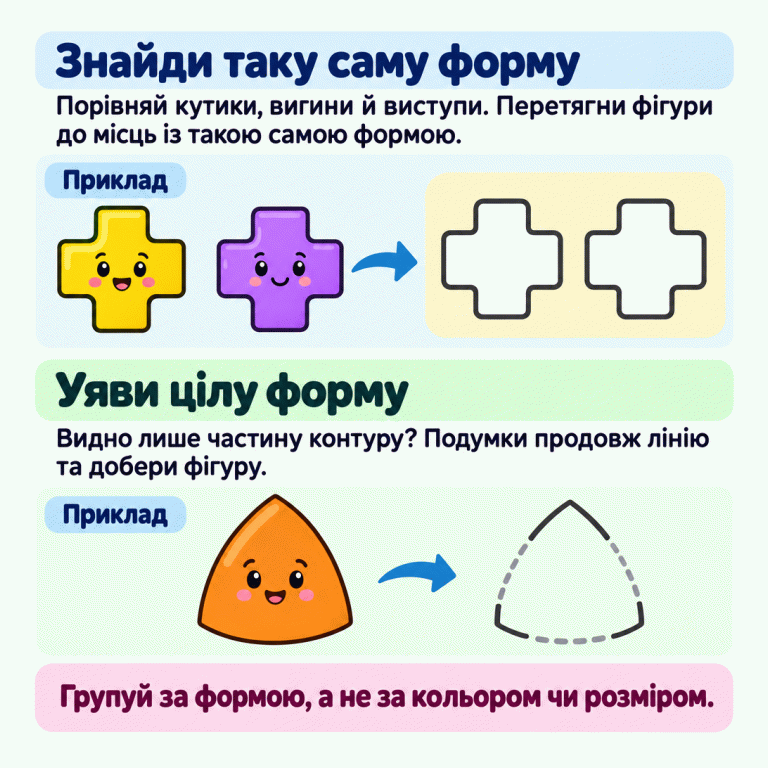 Два приклади групування за формою. У першому хрестоподібні фігури зіставлено з повними контурами такої самої форми. У другому фігуру з вигнутими краями зіставлено з частково видимим контуром; світлий пунктир допомагає уявити пропущені ділянки. Потрібно порівнювати весь край фігури, а не її колір чи розмір. Знайди таку саму форму: Порівняй кутики, вигини й виступи. Перетягни фігури до місць із такою самою формою. Уяви цілу форму: Видно лише частину контуру? Подумки продовж лінію та добери фігуру. Групуй за формою, а не за кольором чи розміром. Приклад