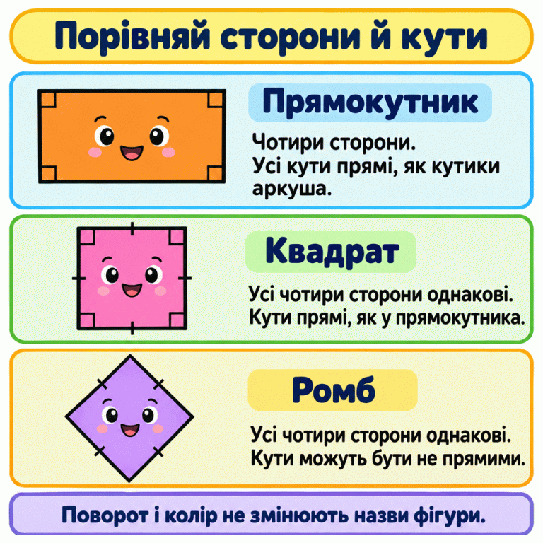 Три фігури з поясненнями. Прямокутник має чотири сторони й усі прямі кути, як кутики аркуша. Квадрат має чотири однакові сторони й прямі кути. Ромб має чотири однакові сторони; у показаного ромба два кути гострі, а два — тупі. Поворот і колір не змінюють назви фігури. Порівняй сторони й кути Прямокутник: Чотири сторони. Усі кути прямі, як кутики аркуша. Квадрат: Усі чотири сторони однакові. Кути прямі, як у прямокутника. Ромб: Усі чотири сторони однакові. Кути можуть бути не прямими. Поворот і колір не змінюють назви фігури.