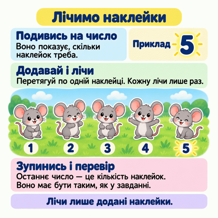 Картка пояснює, як додати потрібну кількість наклейок. У навчальному прикладі задано число 5. На галявині п’ять окремих мишенят, позначених під час лічби числами 1, 2, 3, 4, 5. Останнє число збігається із заданим. Наклейки додають по одній і кожну лічать лише раз. Лічимо наклейки Подивись на число: Воно показує, скільки наклейок треба. Додавай і лічи: Перетягуй по одній наклейці. Кожну лічи лише раз. Зупинись і перевір: Останнє число — це кількість наклейок. Воно має бути таким, як у завданні. Лічи лише додані наклейки. Приклад 1 2 3 4 5