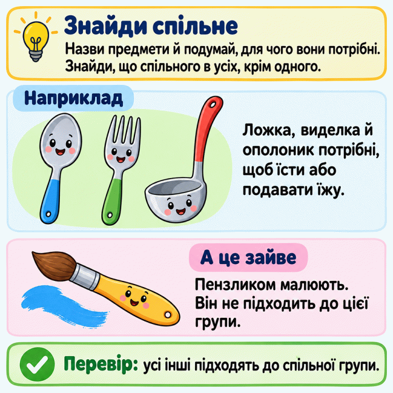 Навчальний приклад пошуку зайвого. Ложка, виделка й ополоник утворюють групу предметів, якими їдять або подають їжу. Пензликом малюють, тому він не підходить до цієї групи. Порада: назвати предмети, знайти спільне для всіх, крім одного, і перевірити, що решта підходить до групи. Знайди спільне: Назви предмети й подумай, для чого вони потрібні. Знайди, що спільного в усіх, крім одного. Наприклад: Ложка, виделка й ополоник потрібні, щоб їсти або подавати їжу. А це зайве: Пензликом малюють. Він не підходить до цієї групи. Перевір: усі інші підходять до спільної групи. ✓