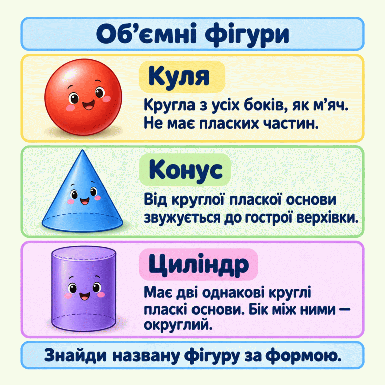 Три об’ємні фігури з поясненнями. Куля кругла з усіх боків, як м’яч, і не має пласких частин. Конус звужується від круглої пласкої основи до гострої верхівки. Циліндр має дві однакові круглі пласкі основи й округлий бік між ними. Знайди названу фігуру за формою. Об’ємні фігури Куля: Кругла з усіх боків, як м’яч. Не має пласких частин. Конус: Від круглої пласкої основи звужується до гострої верхівки. Циліндр: Має дві однакові круглі пласкі основи. Бік між ними — округлий. Знайди названу фігуру за формою.