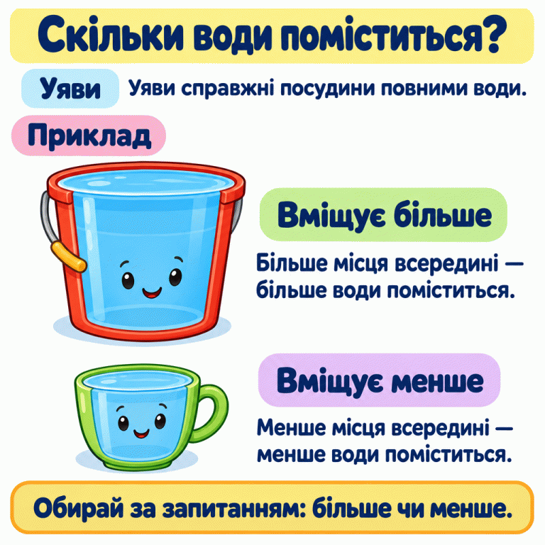Навчальний приклад: відро й маленька чашка уявно наповнені водою до краю. Крізь умовно прозорі стінки видно, що всередині відра більше місця, тому воно вміщує більше води. Усередині чашки місця менше, тому вона вміщує менше. Потрібно обирати більшу або меншу місткість відповідно до запитання. Скільки води поміститься? Уяви: Уяви справжні посудини повними води. Вміщує більше: Більше місця всередині — більше води поміститься. Вміщує менше: Менше місця всередині — менше води поміститься. Обирай за запитанням: більше чи менше. Приклад