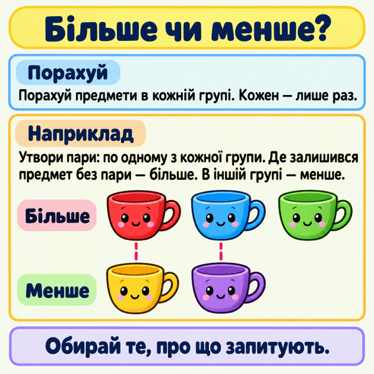 Приклад порівняння кількості: в одній групі три чашки, в іншій — дві. Чашки зіставлено попарно, по одній із кожної групи. У групі з трьома одна чашка залишилася без пари — тут більше. У групі з двома — менше. Порахуй кожен предмет лише раз і обирай те, про що запитують. Більше чи менше? Порахуй: Порахуй предмети в кожній групі. Кожен — лише раз. Наприклад: Утвори пари: по одному з кожної групи. Де залишився предмет без пари — більше. В іншій групі — менше. Обирай те, про що запитують. Більше Менше