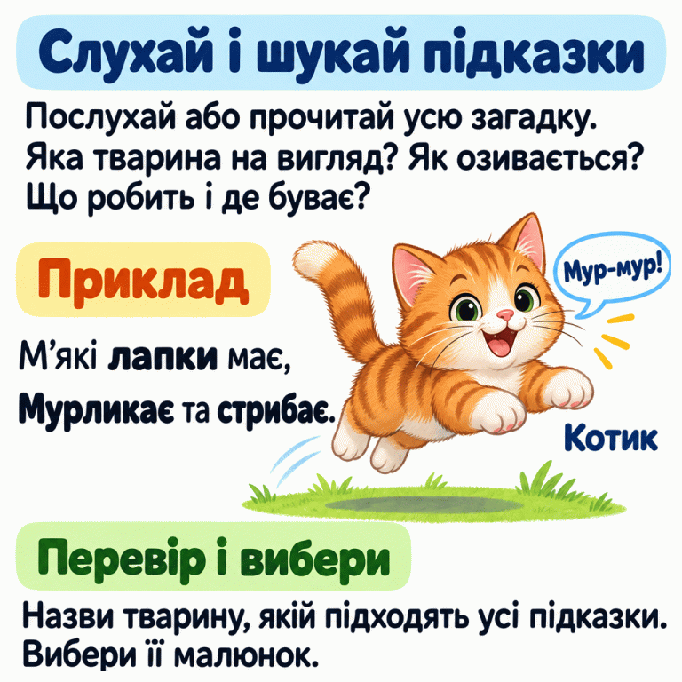 Послухай або прочитай усю загадку й знайди підказки про тварину. У прикладі сказано: «М’які лапки має, Мурликає та стрибає». Поруч котик стрибає й муркоче. Йому підходять усі ці підказки. Так само перевір опис у своїй загадці та вибери малюнок відгадки. Слухай і шукай підказки: Послухай або прочитай усю загадку. Яка тварина на вигляд? Як озивається? Що робить і де буває? Приклад: М’які лапки має,
Мурликає та стрибає. Перевір і вибери: Назви тварину, якій підходять усі підказки. Вибери її малюнок. Мур-мур! Котик
