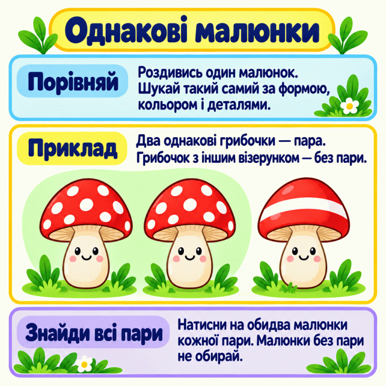 Порівнюй форму, колір і деталі малюнків. У навчальному прикладі два грибочки цілком однакові й утворюють пару. Третій має інший візерунок і залишається без пари. Обирай обидва малюнки кожної однакової пари, а малюнки без пари пропускай. Однакові малюнки Порівняй: Роздивись один малюнок. Шукай такий самий за формою, кольором і деталями. Приклад: Два однакові грибочки — пара. Грибочок з іншим візерунком — без пари. Знайди всі пари: Натисни на обидва малюнки кожної пари. Малюнки без пари не обирай.