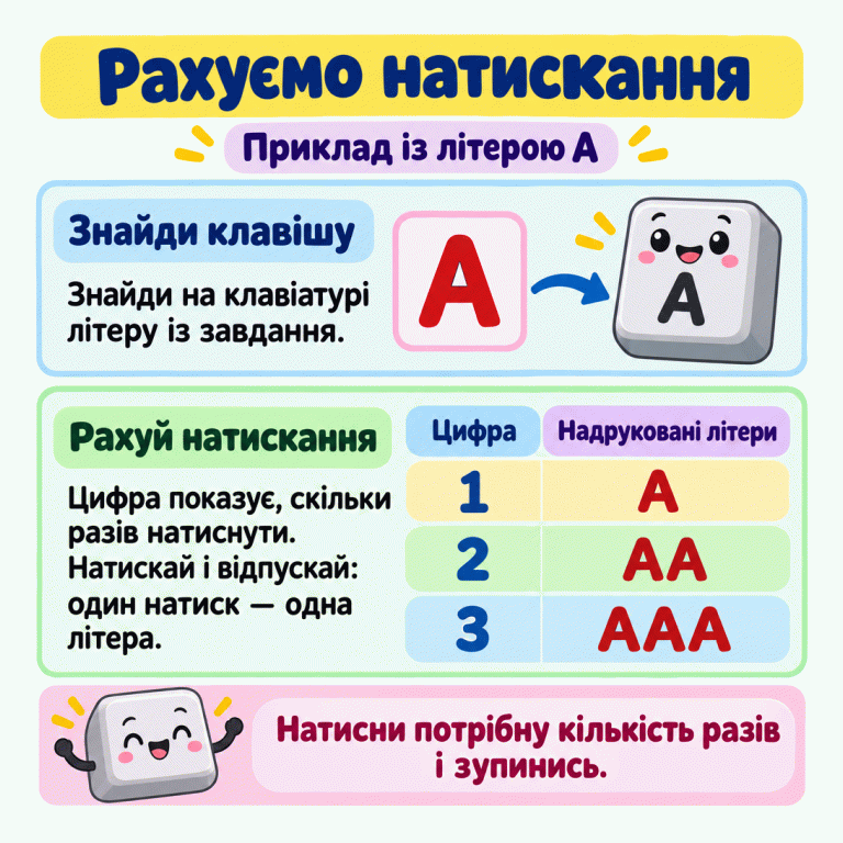 Приклад із літерою А. Знайди таку саму літеру на клавіатурі. Цифра 1 означає одне натискання й одну надруковану літеру, 2 — два натискання й дві літери, 3 — три натискання й три літери. Щоразу натискай і відпускай клавішу. Зупинись після потрібної кількості натискань. Рахуємо натискання Знайди клавішу: Знайди на клавіатурі літеру із завдання. Рахуй натискання: Цифра показує, скільки разів натиснути. Натискай і відпускай: один натиск — одна літера. Натисни потрібну кількість разів і зупинись. Приклад із літерою А А Цифра Надруковані літери 1 2 3 АА ААА