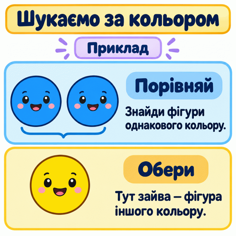 Навчальний приклад: два сині кружечки й один жовтий. Спочатку знайди фігури однакового кольору. Жовтий кружечок у цьому прикладі зайвий, бо має інший колір. Шукаємо за кольором Порівняй: Знайди фігури однакового кольору. Обери: Тут зайва — фігура іншого кольору. Приклад