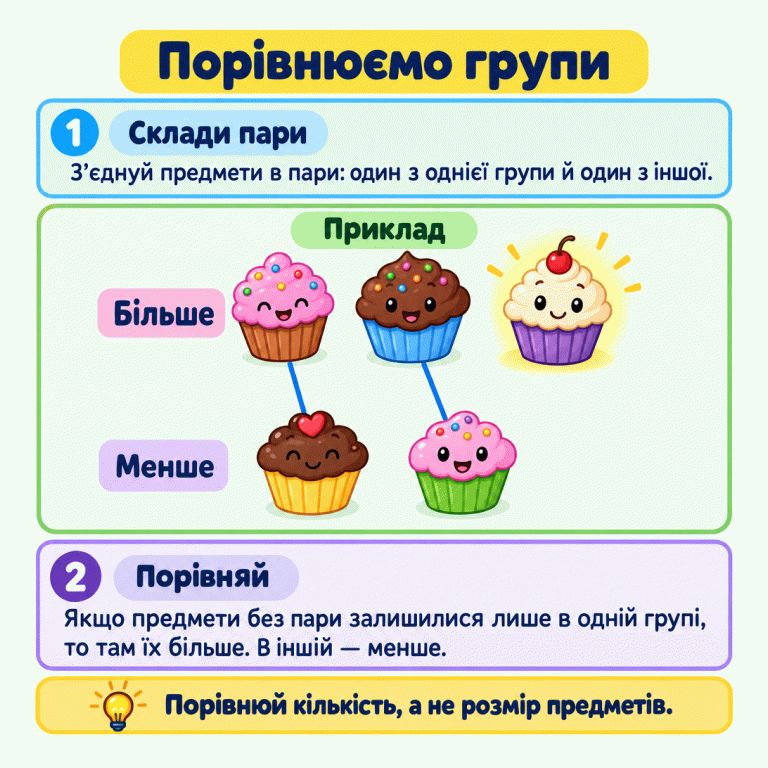 Навчальний приклад порівняння двох груп кексів. В одній групі три кекси, в іншій — два. Два кекси кожної групи утворюють пари. У групі з трьома один кекс залишається без пари, тому тут кексів більше. У групі з двома — менше. Порівнюємо кількість, а не розмір предметів. Порівнюємо групи Склади пари: З’єднуй предмети в пари: один з однієї групи й один з іншої. Порівняй: Якщо предмети без пари залишилися лише в одній групі, то там їх більше. В іншій — менше. Порівнюй кількість, а не розмір предметів. Приклад Більше Менше 1 2