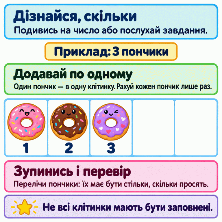 Дізнайся, скільки пончиків потрібно, і додавай їх по одному в окремі клітинки. У навчальному прикладі потрібно три пончики: у п’яти клітинках лежать три пончики з лічильними підписами 1, 2, 3, а дві клітинки порожні. Зупинись, коли пончиків стільки, скільки просять, і перевір їхню кількість. Дізнайся, скільки: Подивись на число або послухай завдання. Додавай по одному: Один пончик — в одну клітинку. Рахуй кожен пончик лише раз. Зупинись і перевір: Перелічи пончики: їх має бути стільки, скільки просять. Не всі клітинки мають бути заповнені. Приклад: 3 пончики 1 2 3